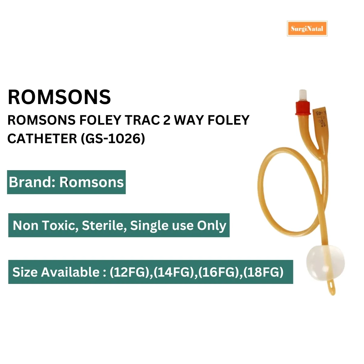 Romsons Foley Trac 2 Way Silicone Foley Catheter (14FG)